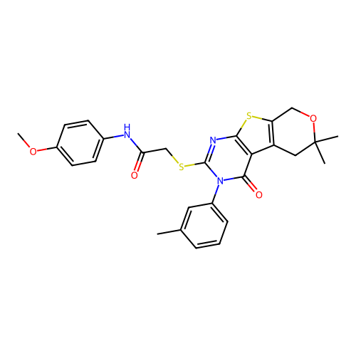 2-((6,6-dimethyl-4-oxo-3-(m-tolyl)-4,5,6,8-tetrahydro-3H-pyrano[4',3':4,5]thieno[2,3-d]pyrimidin-2-yl)thio)-N-(4-methoxyphenyl)acetamide structure