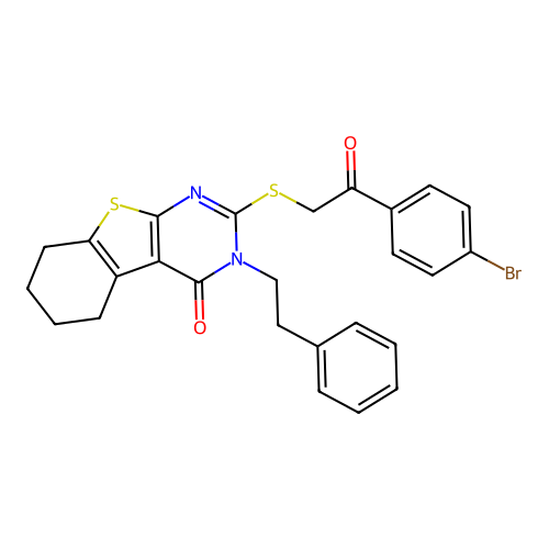 2-((2-(4-bromophenyl)-2-oxoethyl)thio)-3-phenethyl-5,6,7,8-tetrahydrobenzo[4,5]thieno[2,3-d]pyrimidin-4(3H)-one structure