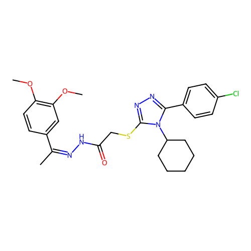 2-[[5-(4-chlorophenyl)-4-cyclohexyl-1,2,4-triazol-3-yl]sulfanyl]-N-[(E)-1-(3,4-dimethoxyphenyl)ethylideneamino]acetamide structure