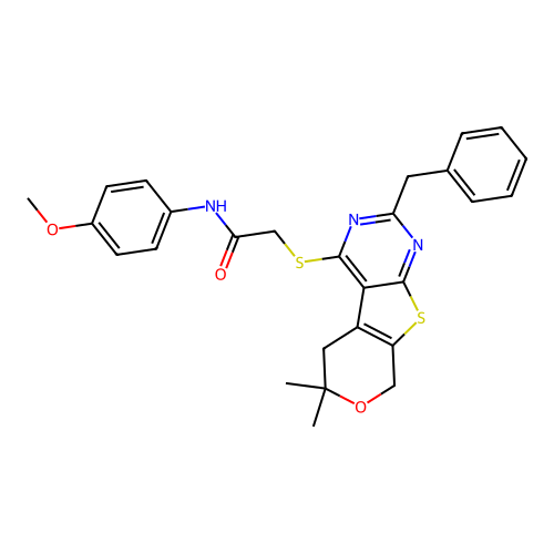 2-((2-benzyl-6,6-dimethyl-6,8-dihydro-5H-pyrano[4',3':4,5]thieno[2,3-d]pyrimidin-4-yl)thio)-N-(4-methoxyphenyl)acetamide structure