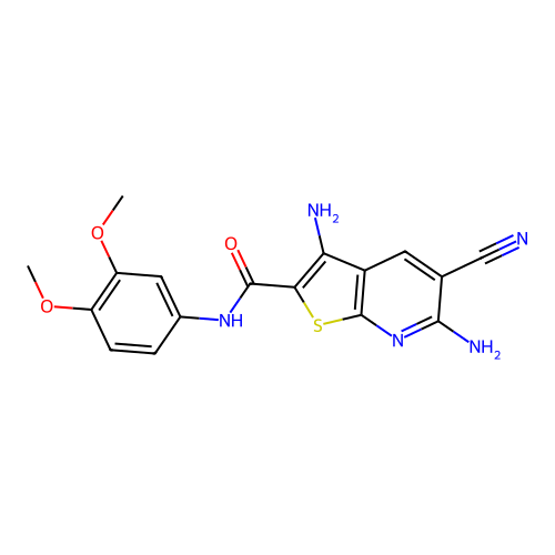 3,6-diamino-5-cyano-N-(3,4-dimethoxyphenyl)thieno[2,3-b]pyridine-2-carboxamide structure