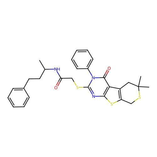 2-((6,6-dimethyl-4-oxo-3-phenyl-4,5,6,8-tetrahydro-3H-thiopyrano[4',3':4,5]thieno[2,3-d]pyrimidin-2-yl)thio)-N-(4-phenylbutan-2-yl)acetamide structure