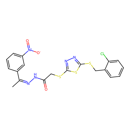 2-({5-[(2-chlorobenzyl)sulfanyl]-1,3,4-thiadiazol-2-yl}sulfanyl)-N'-[(1Z)-1-(3-nitrophenyl)ethylidene]acetohydrazide structure