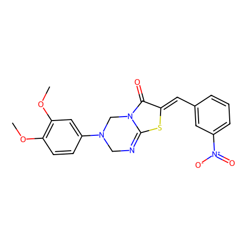 (7Z)-3-(3,4-dimethoxyphenyl)-7-(3-nitrobenzylidene)-3,4-dihydro-2H-[1,3]thiazolo[3,2-a][1,3,5]triazin-6(7H)-one structure