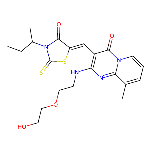 3-{(Z)-[3-(butan-2-yl)-4-oxo-2-thioxo-1,3-thiazolidin-5-ylidene]methyl}-2-{[2-(2-hydroxyethoxy)ethyl]amino}-9-methyl-4H-pyrido[1,2-a]pyrimidin-4-one structure