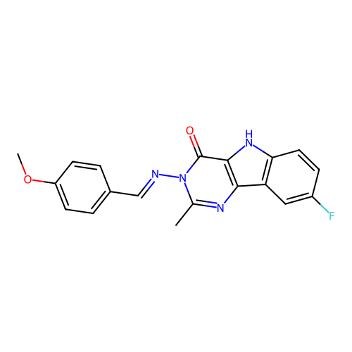 (E)-8-fluoro-3-((4-methoxybenzylidene)amino)-2-methyl-3H-pyrimido[5,4-b]indol-4(5H)-one structure