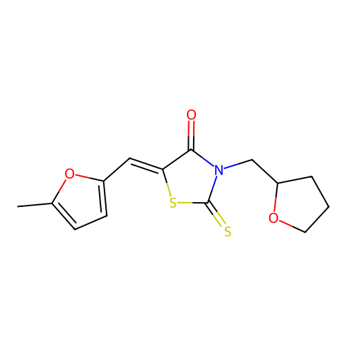 (Z)-5-((5-methylfuran-2-yl)methylene)-3-((tetrahydrofuran-2-yl)methyl)-2-thioxothiazolidin-4-one structure