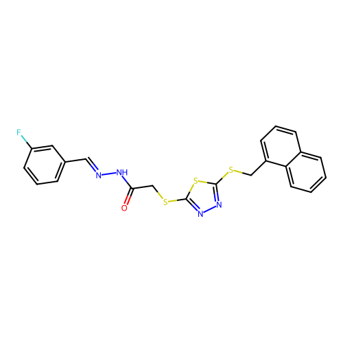 (E)-N'-(3-fluorobenzylidene)-2-((5-((naphthalen-1-ylmethyl)thio)-1,3,4-thiadiazol-2-yl)thio)acetohydrazide structure