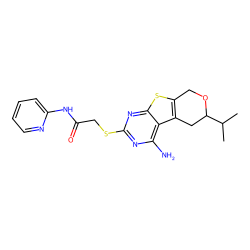 2-((4-amino-6-isopropyl-6,8-dihydro-5H-pyrano[4',3':4,5]thieno[2,3-d]pyrimidin-2-yl)thio)-N-(pyridin-2-yl)acetamide structure