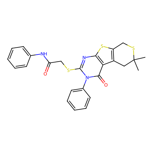 2-((6,6-dimethyl-4-oxo-3-phenyl-4,5,6,8-tetrahydro-3H-thiopyrano[4',3':4,5]thieno[2,3-d]pyrimidin-2-yl)thio)-N-phenylacetamide structure