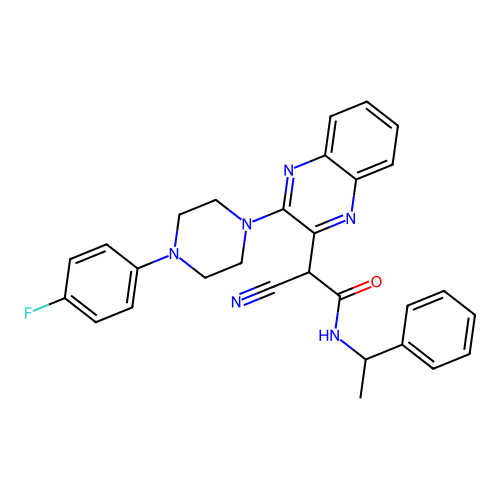 2-cyano-2-[3-[4-(4-fluorophenyl)piperazin-1-yl]quinoxalin-2-yl]-N-(1-phenylethyl)acetamide structure
