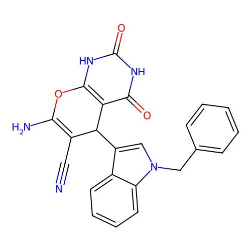 7-amino-5-(1-benzyl-1H-indol-3-yl)-2,4-dioxo-2,3,4,5-tetrahydro-1H-pyrano[2,3-d]pyrimidine-6-carbonitrile structure