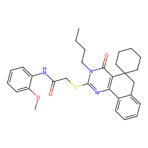 2-((3-butyl-4-oxo-4,6-dihydro-3H-spiro[benzo[h]quinazoline-5,1'-cyclohexan]-2-yl)thio)-N-(2-methoxyphenyl)acetamide structure