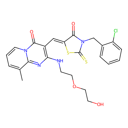 3-{(Z)-[3-(2-chlorobenzyl)-4-oxo-2-thioxo-1,3-thiazolidin-5-ylidene]methyl}-2-{[2-(2-hydroxyethoxy)ethyl]amino}-9-methyl-4H-pyrido[1,2-a]pyrimidin-4-one structure