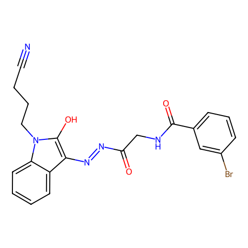 3-bromo-N-[[[1-(3-cyanopropyl)-2-oxo-indol-3-ylidene]amino]carbamoylmethyl]benzamide structure