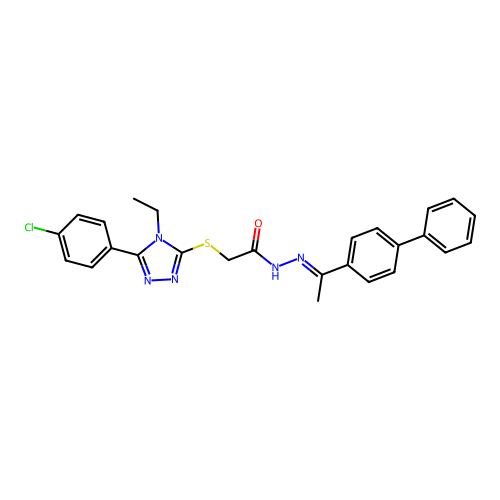 N'-[(1E)-1-(biphenyl-4-yl)ethylidene]-2-{[5-(4-chlorophenyl)-4-ethyl-4H-1,2,4-triazol-3-yl]sulfanyl}acetohydrazide structure