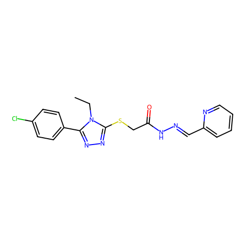 2-{[5-(4-chlorophenyl)-4-ethyl-4H-1,2,4-triazol-3-yl]sulfanyl}-N'-[(E)-pyridin-2-ylmethylidene]acetohydrazide structure