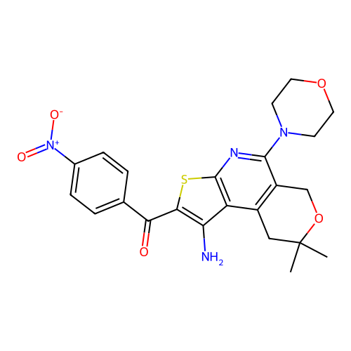 (1-amino-8,8-dimethyl-5-morpholino-8,9-dihydro-6H-pyrano[4,3-d]thieno[2,3-b]pyridin-2-yl)(4-nitrophenyl)methanone structure