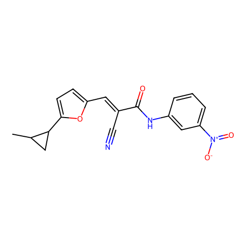 (2E)-2-cyano-3-[5-(2-methylcyclopropyl)furan-2-yl]-N-(3-nitrophenyl)prop-2-enamide structure