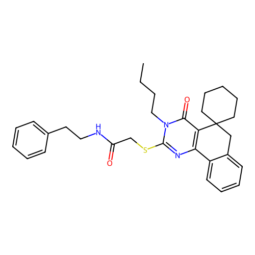 2-((3-butyl-4-oxo-4,6-dihydro-3H-spiro[benzo[h]quinazoline-5,1'-cyclohexan]-2-yl)thio)-N-phenethylacetamide structure