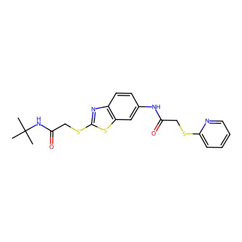 2-[6-[(2-pyridin-2-ylsulfanylacetyl)amino]benzothiazol-2-yl]sulfanyl-N-tert-butyl-acetamide structure