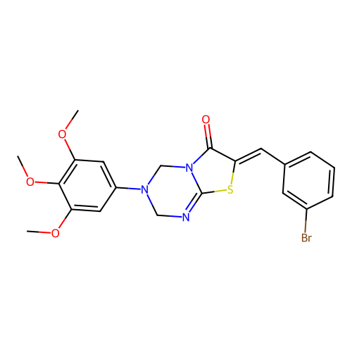 (7Z)-7-(3-bromobenzylidene)-3-(3,4,5-trimethoxyphenyl)-3,4-dihydro-2H-[1,3]thiazolo[3,2-a][1,3,5]triazin-6(7H)-one structure