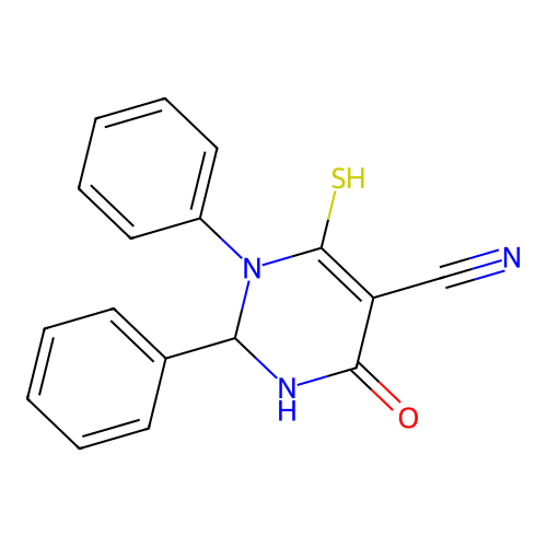 4-Oxo-1,2-diphenyl-6-sulfanyl-1,2,3,4-tetrahydropyrimidine-5-carbonitrile structure