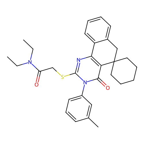 N,N-diethyl-2-((4-oxo-3-(m-tolyl)-4,6-dihydro-3H-spiro[benzo[h]quinazoline-5,1'-cyclohexan]-2-yl)thio)acetamide structure