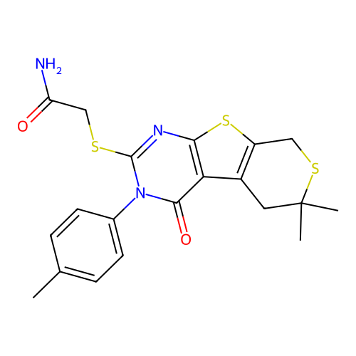 2-((6,6-dimethyl-4-oxo-3-(p-tolyl)-4,5,6,8-tetrahydro-3H-thiopyrano[4',3':4,5]thieno[2,3-d]pyrimidin-2-yl)thio)acetamide structure