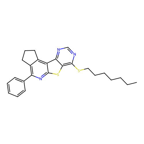 7-(heptylsulfanyl)-4-phenyl-2,3-dihydro-1H-cyclopenta[4',5']pyrido[3',2':4,5]thieno[3,2-d]pyrimidine structure