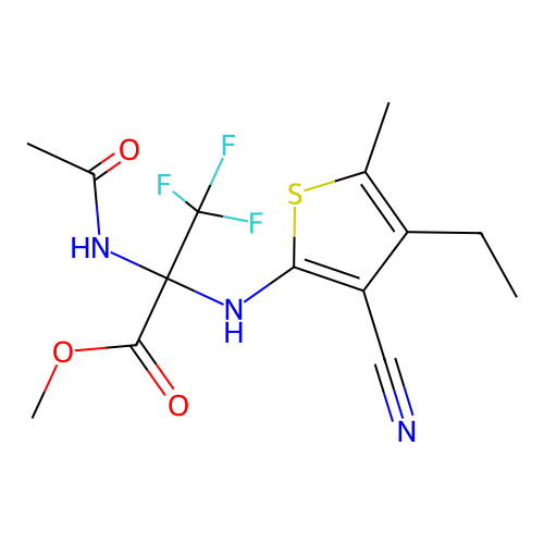 methyl 2-(acetylamino)-N-(3-cyano-4-ethyl-5-methylthiophen-2-yl)-3,3,3-trifluoroalaninate structure