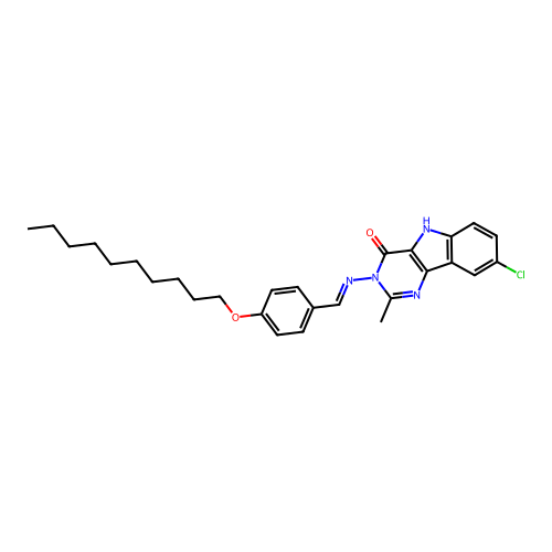8-chloro-3-[(E)-(4-decoxyphenyl)methylideneamino]-2-methyl-5H-pyrimido[5,4-b]indol-4-one structure