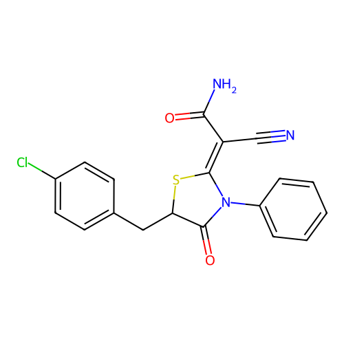 (Z)-2-(5-(4-chlorobenzyl)-4-oxo-3-phenylthiazolidin-2-ylidene)-2-cyanoacetamide structure