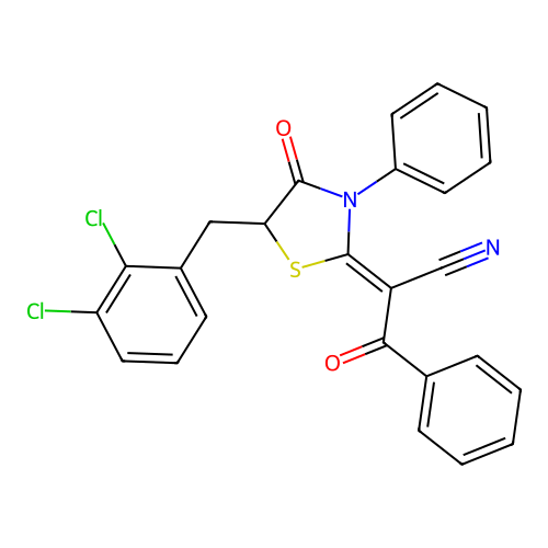 (2Z)-2-[5-(2,3-dichlorobenzyl)-4-oxo-3-phenyl-1,3-thiazolidin-2-ylidene]-3-oxo-3-phenylpropanenitrile structure