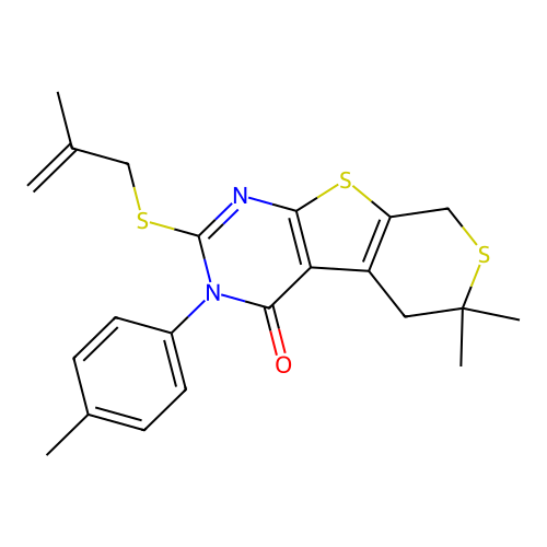 6,6-dimethyl-2-((2-methylallyl)thio)-3-(p-tolyl)-5,6-dihydro-3H-thiopyrano[4',3':4,5]thieno[2,3-d]pyrimidin-4(8H)-one structure
