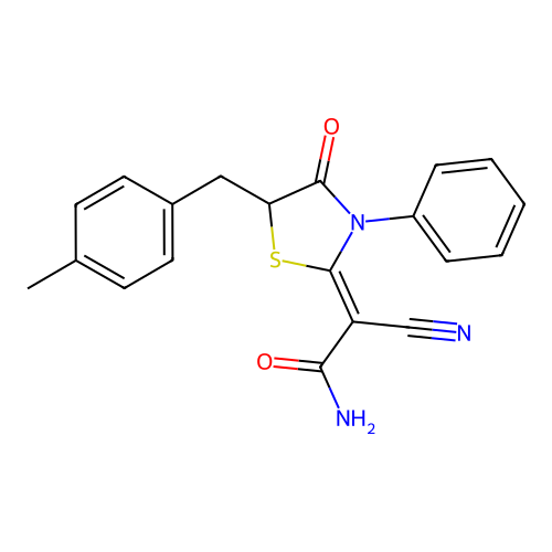 (2Z)-2-cyano-2-[5-(4-methylbenzyl)-4-oxo-3-phenyl-1,3-thiazolidin-2-ylidene]ethanamide structure