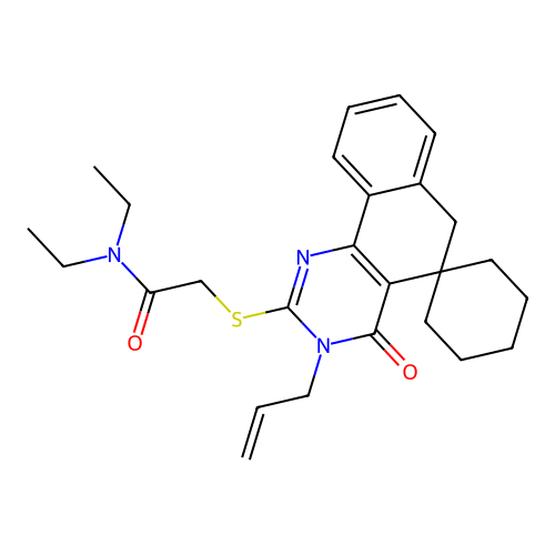 2-((3-allyl-4-oxo-4,6-dihydro-3H-spiro[benzo[h]quinazoline-5,1'-cyclohexan]-2-yl)thio)-N,N-diethylacetamide structure
