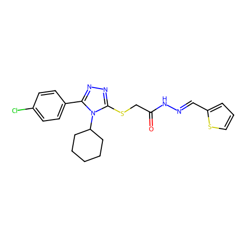 2-{[5-(4-chlorophenyl)-4-cyclohexyl-4H-1,2,4-triazol-3-yl]sulfanyl}-N'-[(E)-thiophen-2-ylmethylidene]acetohydrazide structure