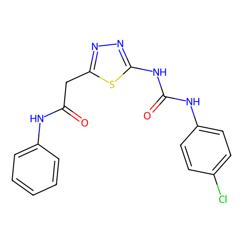 2-(5-(3-(4-chlorophenyl)ureido)-1,3,4-thiadiazol-2-yl)-N-phenylacetamide structure