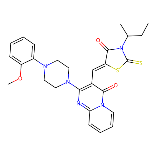 3-{(Z)-[3-(butan-2-yl)-4-oxo-2-thioxo-1,3-thiazolidin-5-ylidene]methyl}-2-[4-(2-methoxyphenyl)piperazin-1-yl]-4H-pyrido[1,2-a]pyrimidin-4-one structure