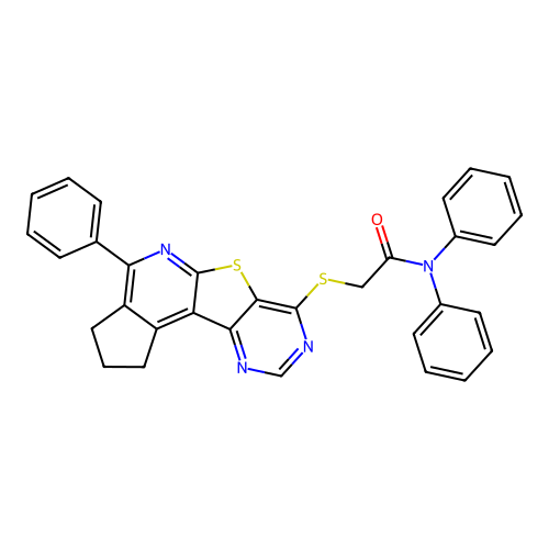 N,N-diphenyl-2-((4-phenyl-2,3-dihydro-1H-cyclopenta[4',5']pyrido[3',2':4,5]thieno[3,2-d]pyrimidin-7-yl)thio)acetamide structure