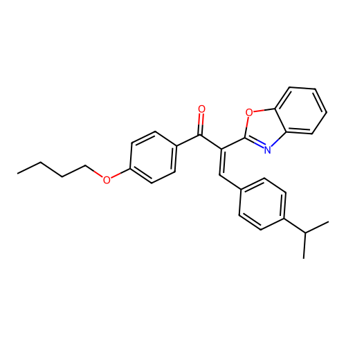 (2E)-2-(1,3-benzoxazol-2-yl)-1-(4-butoxyphenyl)-3-[4-(propan-2-yl)phenyl]prop-2-en-1-one structure