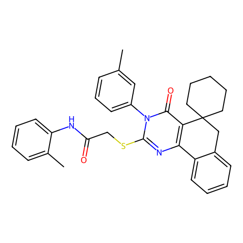 2-((4-oxo-3-(m-tolyl)-4,6-dihydro-3H-spiro[benzo[h]quinazoline-5,1'-cyclohexan]-2-yl)thio)-N-(o-tolyl)acetamide structure