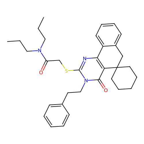 2-((4-oxo-3-phenethyl-4,6-dihydro-3H-spiro[benzo[h]quinazoline-5,1'-cyclohexan]-2-yl)thio)-N,N-dipropylacetamide structure