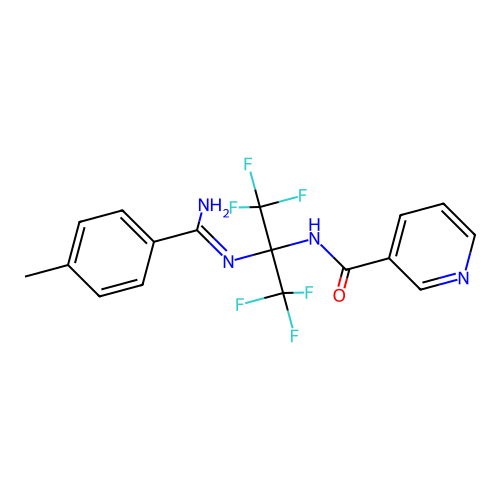 N-[2-[[amino-(4-methylphenyl)methylidene]amino]-1,1,1,3,3,3-hexafluoropropan-2-yl]pyridine-3-carboxamide structure