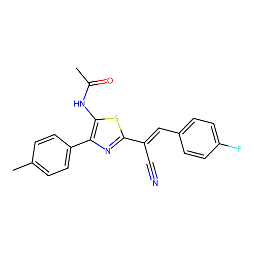 (E)-N-(2-(1-cyano-2-(4-fluorophenyl)vinyl)-4-(p-tolyl)thiazol-5-yl)acetamide structure