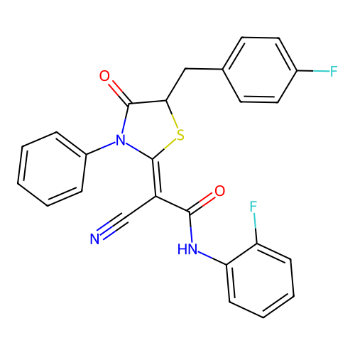 (2Z)-2-cyano-2-[5-(4-fluorobenzyl)-4-oxo-3-phenyl-1,3-thiazolidin-2-ylidene]-N-(2-fluorophenyl)ethanamide structure