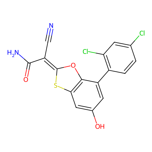 (2Z)-2-cyano-2-[7-(2,4-dichlorophenyl)-5-hydroxy-1,3-benzoxathiol-2-ylidene]acetamide structure