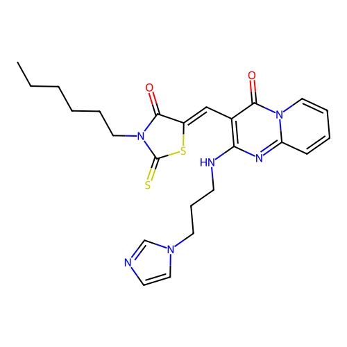 3-[(Z)-(3-hexyl-4-oxo-2-thioxo-1,3-thiazolidin-5-ylidene)methyl]-2-{[3-(1H-imidazol-1-yl)propyl]amino}-4H-pyrido[1,2-a]pyrimidin-4-one structure