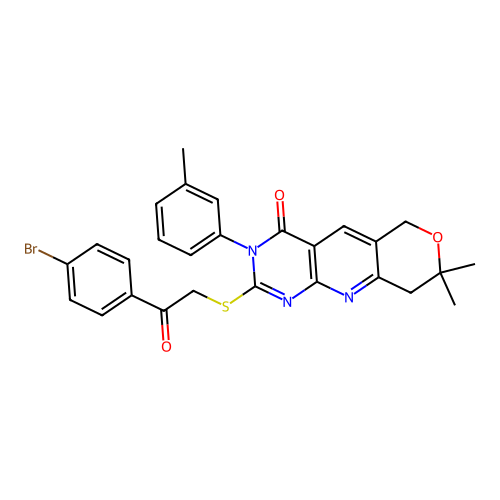 2-((2-(4-bromophenyl)-2-oxoethyl)thio)-8,8-dimethyl-3-(m-tolyl)-8,9-dihydro-3H-pyrano[3',4':5,6]pyrido[2,3-d]pyrimidin-4(6H)-one structure